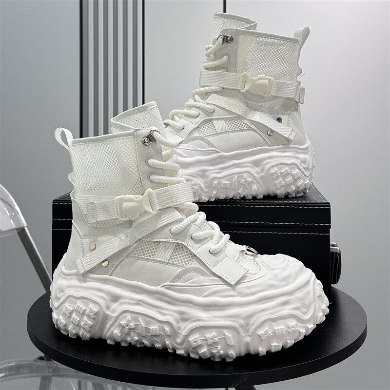 镂空马丁靴男款2025新款超火厚B底高帮鞋夏季透气厚底内增高小白