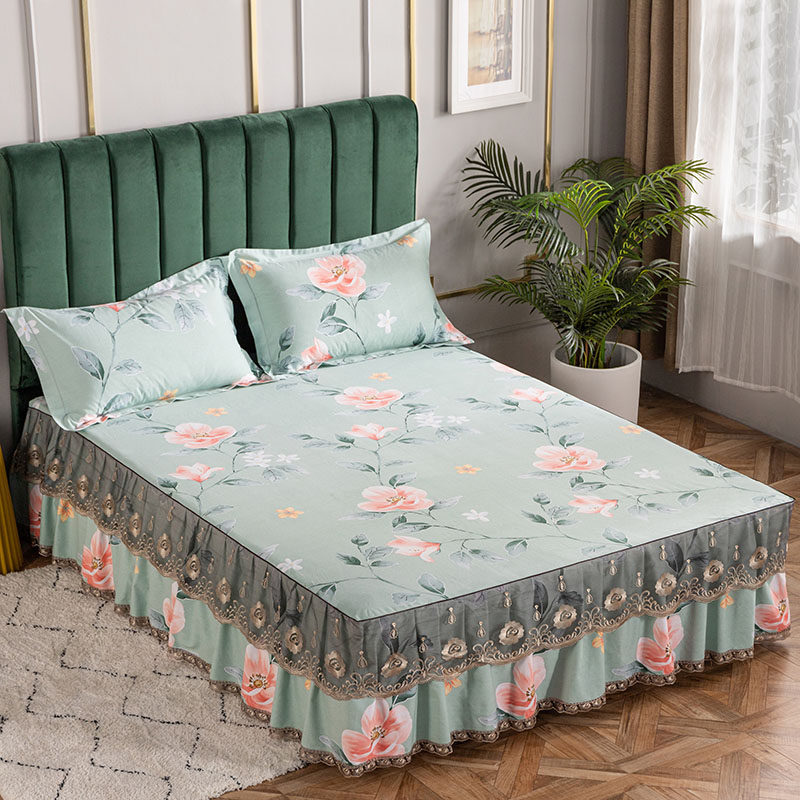 加厚磨毛全棉床裙四件套冬保暖床上用品被套蕾丝床套床罩1.8m