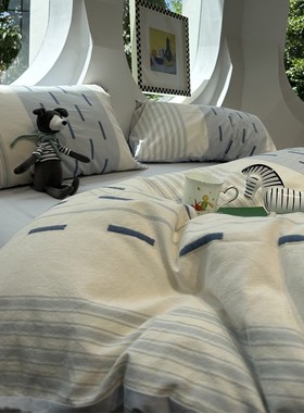 ins奶油风蓝色条纹A版提花B版水洗棉四件套1.5m1.8米纯棉床单被套