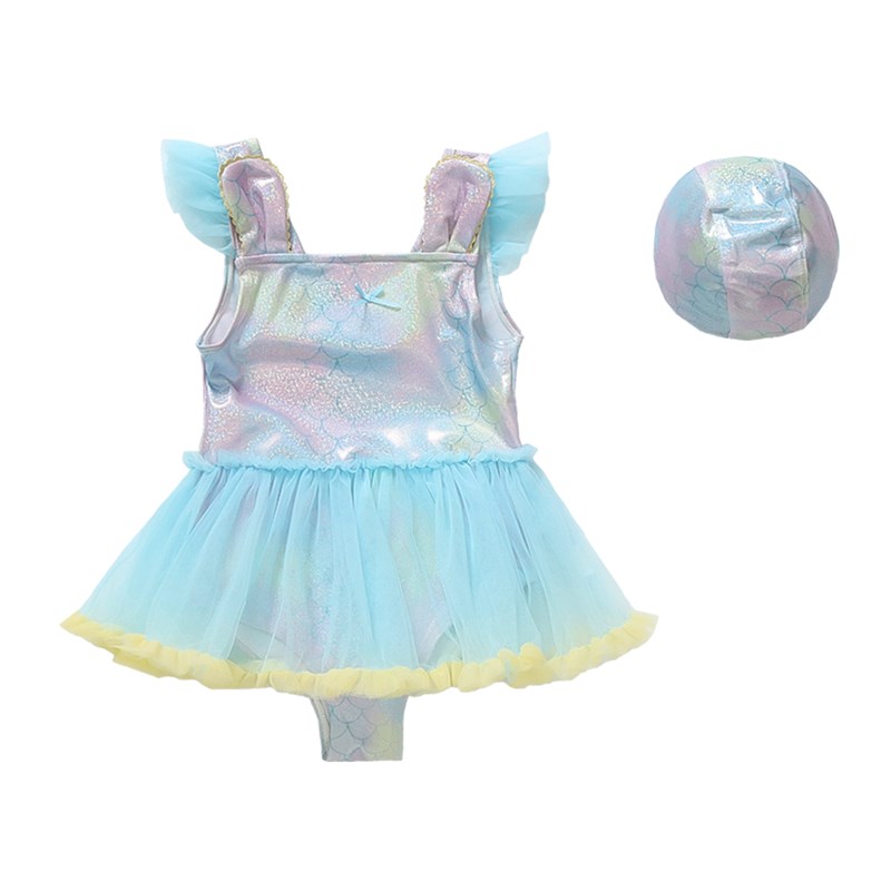 儿童泳衣女孩小飞袖连体裙式游泳衣可爱中小童小公主温泉度假泳装