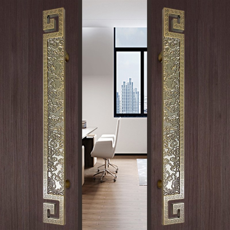 新中式玻璃门把手铝板雕刻仿古祥云大门把手实心古铜豪华拉手刻字