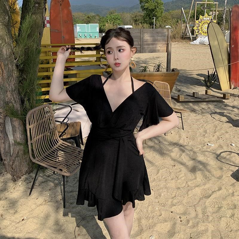 泳衣女连体微胖女孩遮肉钢圈大胸遮肚显瘦高级纯色泡温泉大码泳装