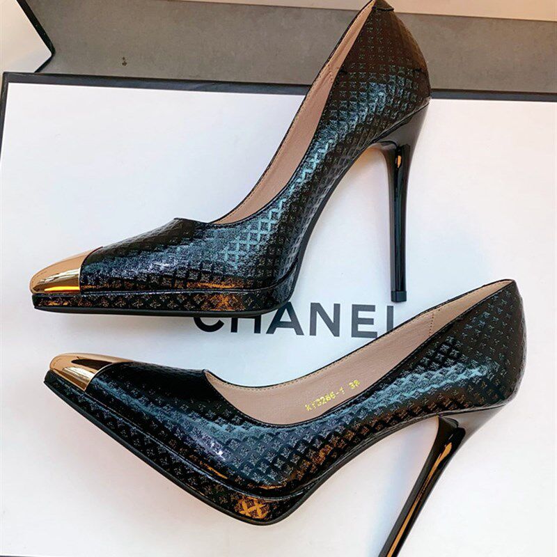 欧美防水台超高跟鞋女暗s纹漆皮浅口金属尖头细跟高级感宴会单鞋