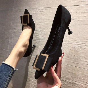 2021年新款秋冬百搭法式小高跟细跟尖头中跟职业猫跟单鞋黑色3cm