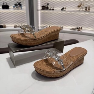 小个子水钻厚底一字带女鞋 新款 2025夏季 小众仙女风坡跟外穿凉拖鞋