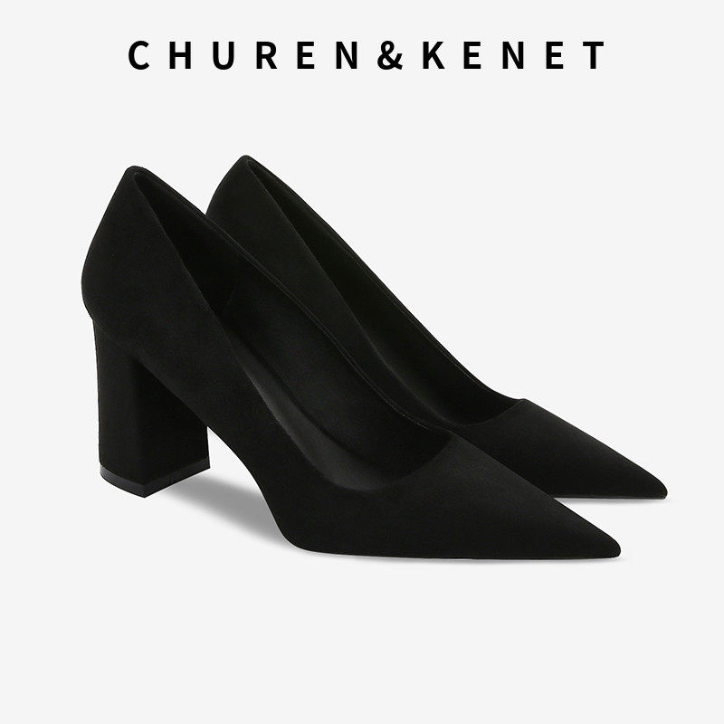 黑色尖头粗跟女士法式高跟鞋职业工作鞋J面试单鞋久站不累脚上班