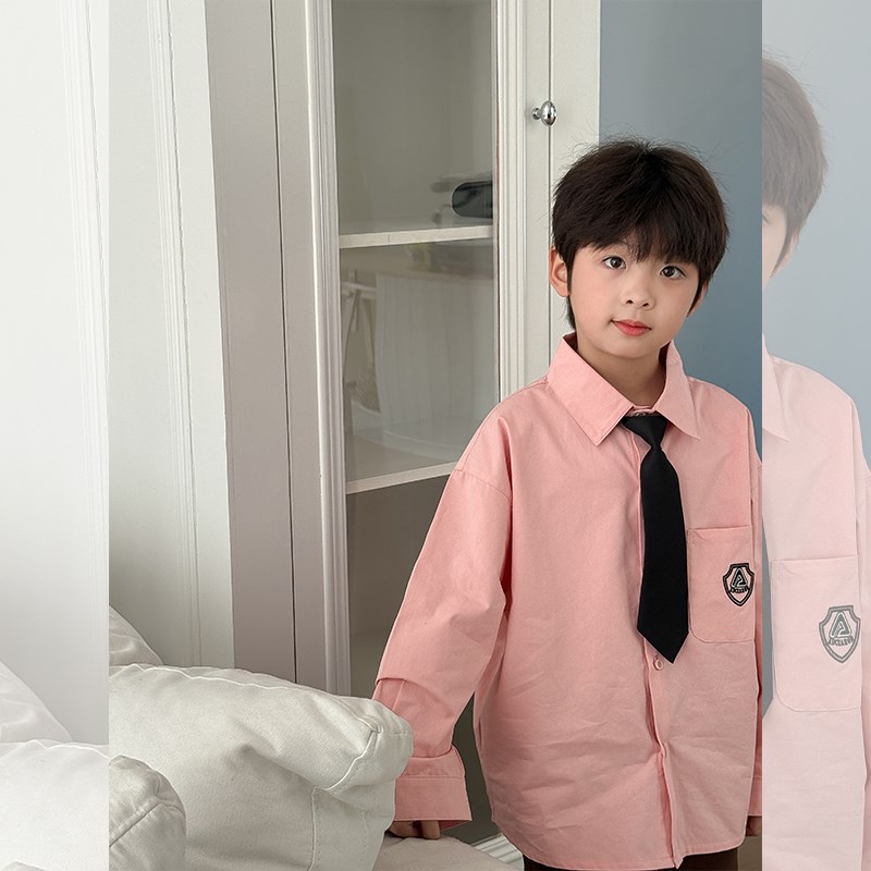 虾酱麻麻男童纯棉衬衫长袖春秋装2025新款男孩学院风粉色儿童衬衣