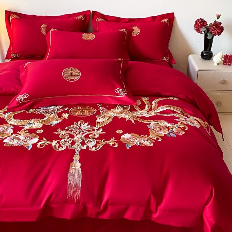 中式龙凤刺绣婚庆四件套全棉被套大红色陪嫁送礼结婚床上用品