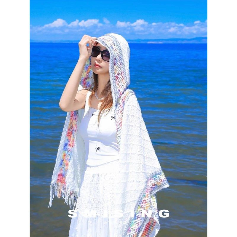 2025新款民族风彩色连帽披肩斗篷女夏季云南旅游拍照出片流苏披风,服饰配件/皮带/帽子/围巾,围巾/丝巾/披肩,淘宝优惠券,粉丝福利购,淘宝优惠卷