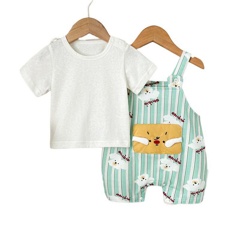 薄款婴儿连体衣宝宝夏季套装可爱超萌婴幼儿卡通背带裤两件套周岁