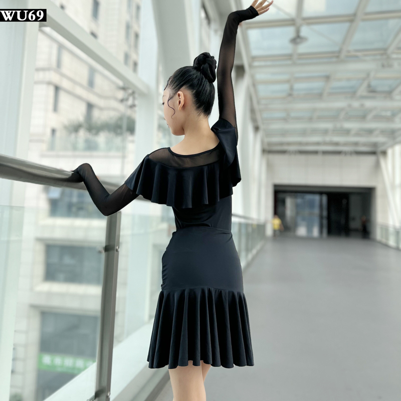 儿童拉丁舞练功服女新款舞蹈训练表演服长袖少儿拉丁舞服装秋
