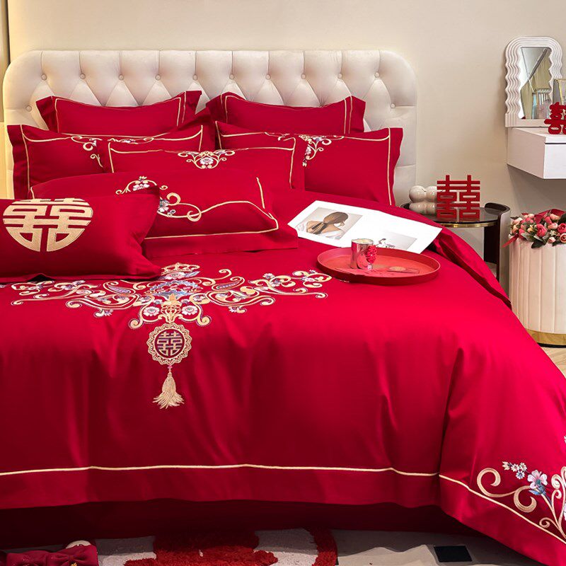180支婚庆四件套红色床单全棉被套结婚陪嫁床上用品婚房4
