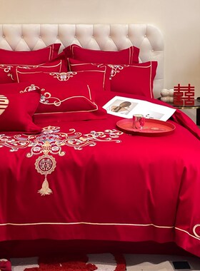180支婚庆四件套红色床单全棉被套结婚陪嫁床上用品婚房4