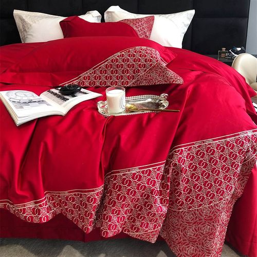 现货厂促法式刺绣婚庆红色四件套全棉100支新疆结婚被套床单