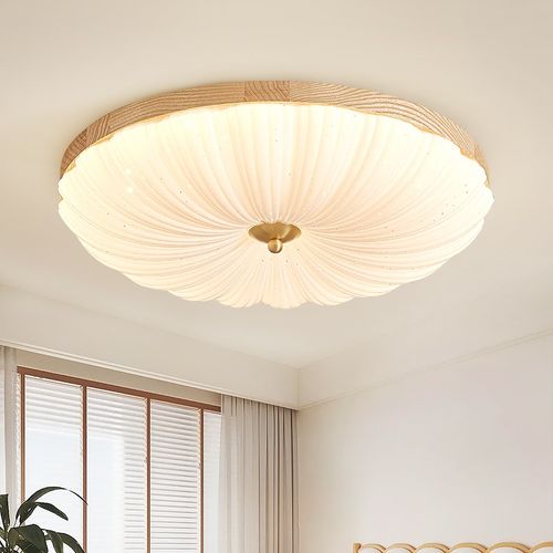 全光谱卧室灯白蜡木中古原木风吸顶灯法式奶油风花瓣护眼书房灯具