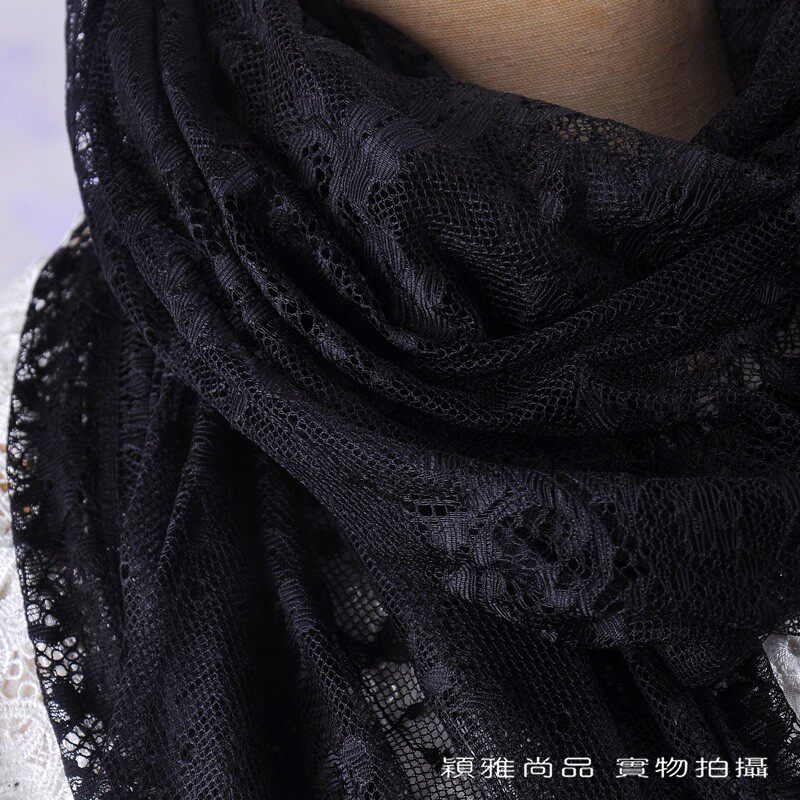 柔软淡雅百搭长条黑色女纱巾薄丝巾 镂空蕾丝围巾披肩