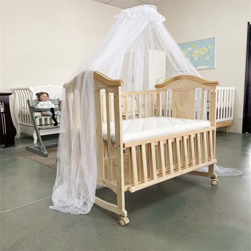 环保实木多功能新生宝宝婴儿床摇篮可拼接送万向轮蚊帐可变书桌
