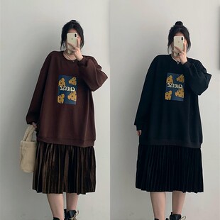 秋冬季新款加绒加厚厚棉Tt裙女胖mm大尺码宽松拼接假两件长袖洋装