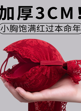 女士内衣内裤2024新款t红色小胸聚拢本命年半杯加厚显大蕾丝文胸