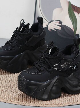 全黑色网面透气厚底老爹鞋超高跟内增高12CM小个子10CM轻便女网鞋