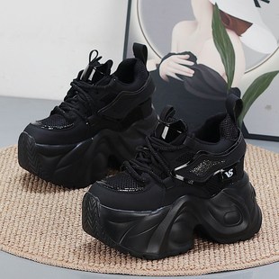 全黑色网面透气厚底老爹鞋超高跟内增高12CM小个子10CM轻便女网鞋