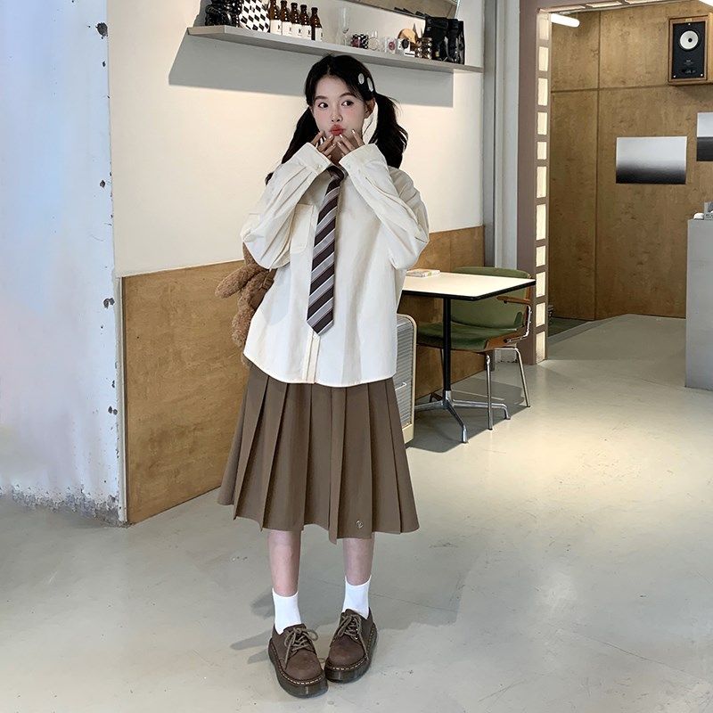 东京岁时记jk制服秋季套装奶黄色长袖衬衫卡其色百褶裙甜美两件套