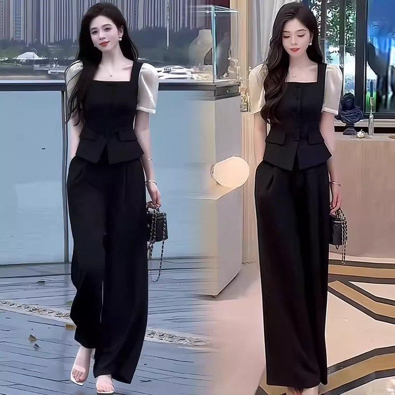 高级感赫本风时尚套装女夏季新款小个子气质收腰显瘦X阔腿裤两件