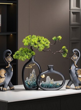 国风迎客松花瓶摆件新中式客厅玄关博古架办公室茶几装饰品