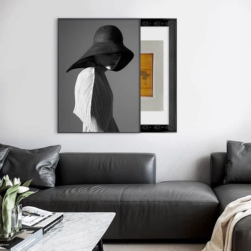 现代简约电表箱装饰画总开关空开电闸盒竖款遮挡配电箱黑白人物