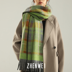 绿色围巾a披肩两用格子围巾冬季女高级感大围巾男围脖加大加厚保