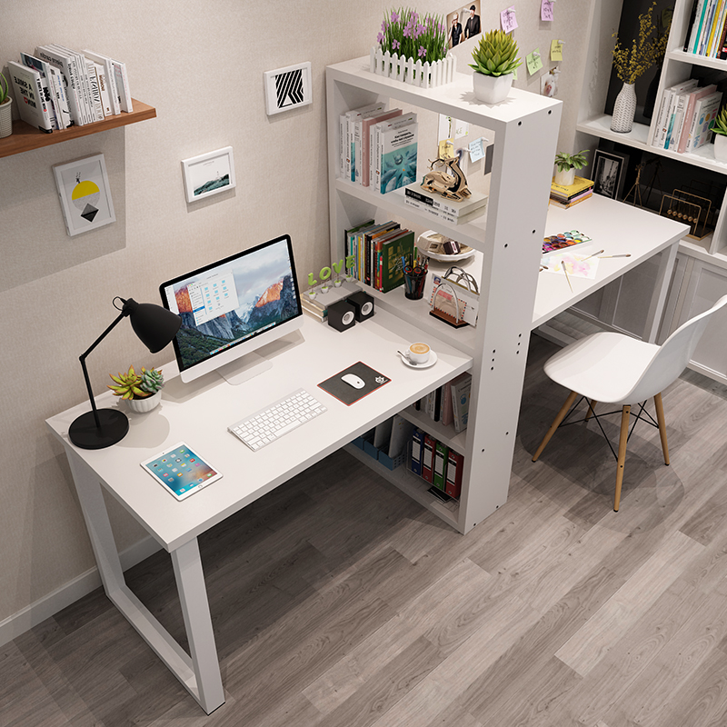 简约双人电脑台式桌家用经济家用书桌书柜书架一体组合两人办公桌