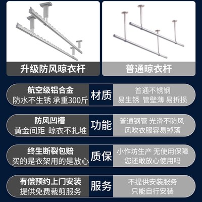晾衣杆阳台顶装固定式晾衣架家用防风吊顶晒衣杆一根室外凉衣神器