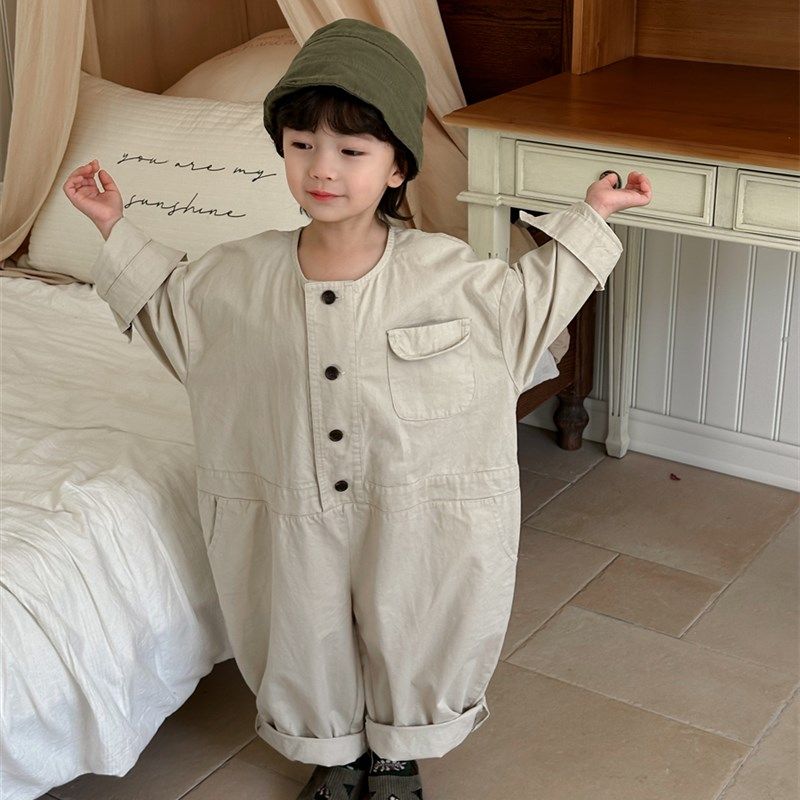 暮晨家新款秋装2024男童长袖工装连体衣中小童宝宝可爱连体灯笼裤