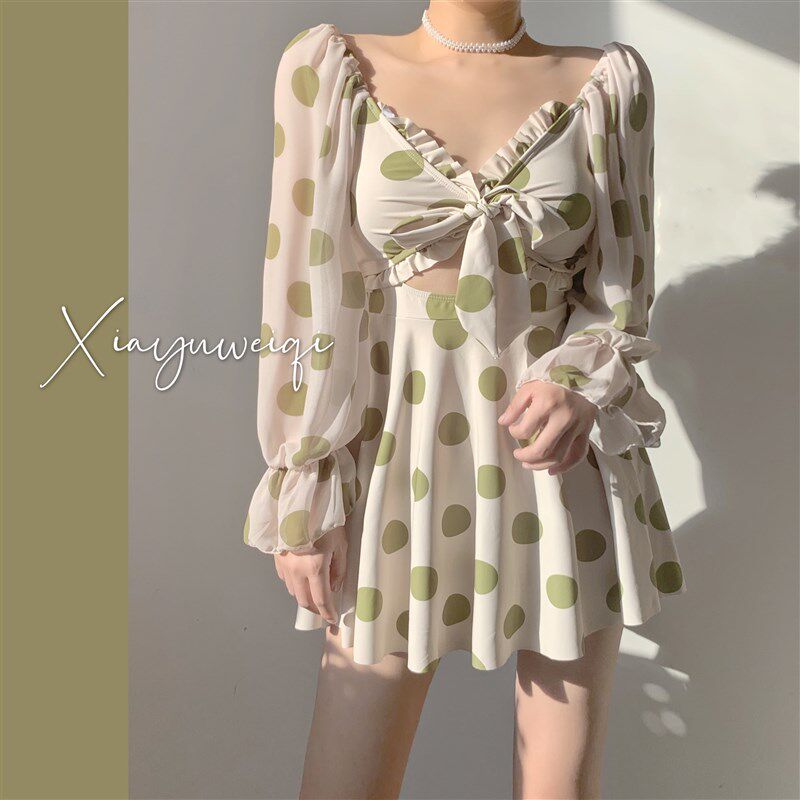 【夏语微琪】INS大波点长袖少女裙式H连体遮肚显瘦保守泡温泉泳衣