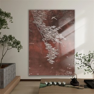 实木挂画漆画中式肌理装饰画红色柳条酒店民宿书房沙发电视背景墙