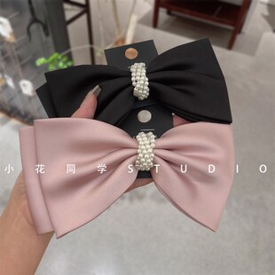 法式浪漫小众设计高级感黑色粉色豆沙粉I缎面珍珠蝴蝶结发夹弹簧