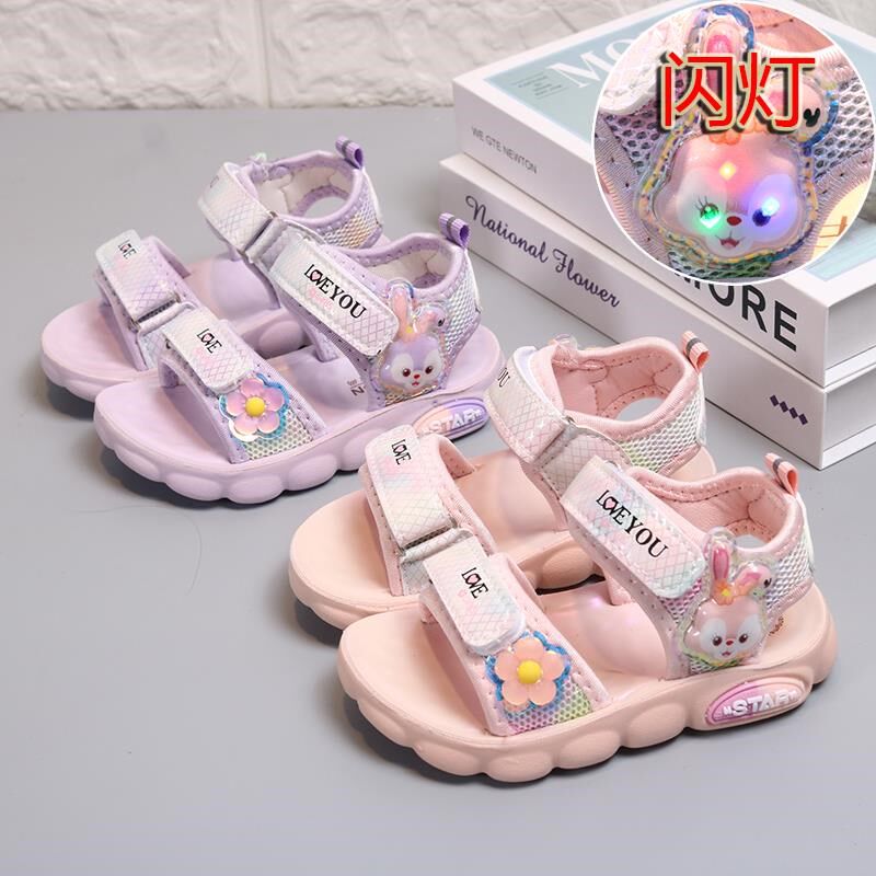 儿童凉鞋女公主鞋中小童女宝宝小学生闪灯沙滩魔术贴防滑夏季鞋子