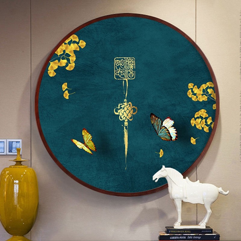 新中式中国风红蓝古风圆形画装饰画建筑花鸟梅花玄关民宿圆形画图片