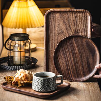 北美黑胡桃木托盘长方形放水杯实木托盘整木高档木质茶盘圆形木盘