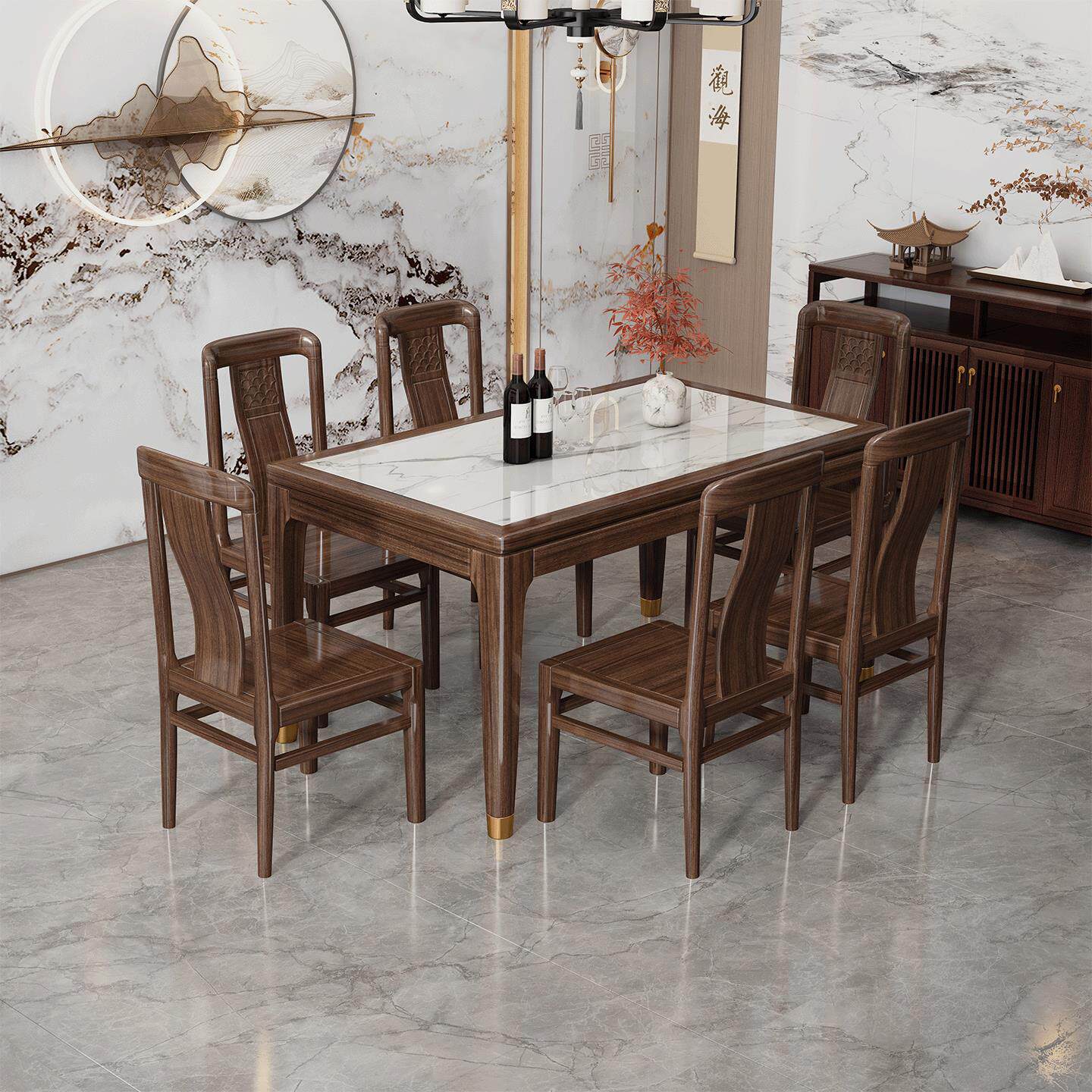 乌金木长餐桌椅套装家用小户型饭桌现代新中式长方形全实木餐桌椅