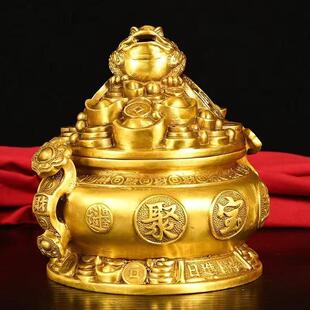 宝存钱袋聚宝盆摆件双鱼聚宝盆象耳储存罐家居办公室摆设 纯铜元