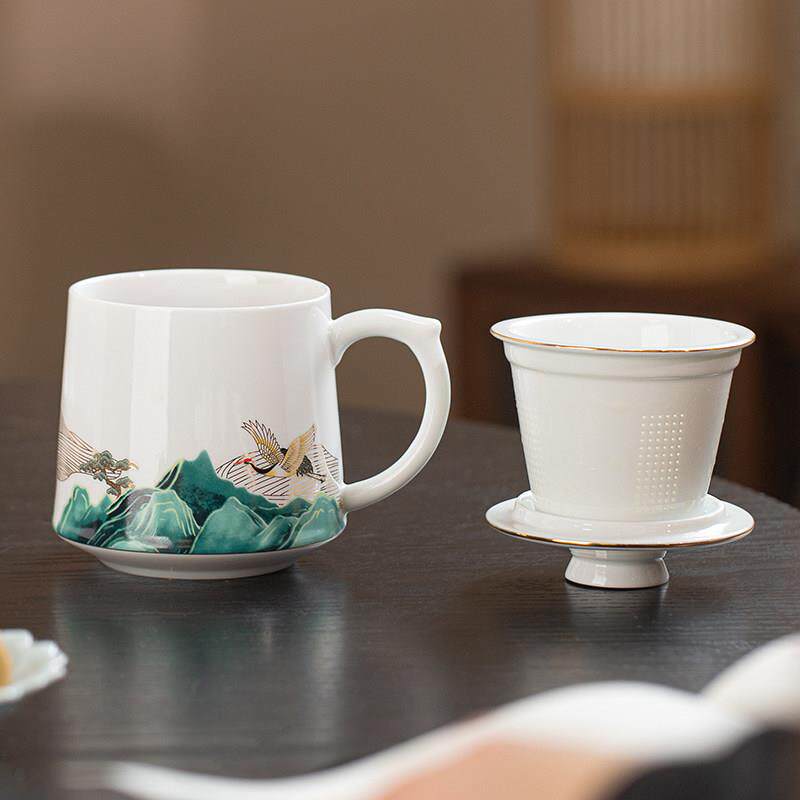 景德镇陶瓷茶杯茶水分离办公杯大容量带盖泡茶个人杯水杯子茶漏杯