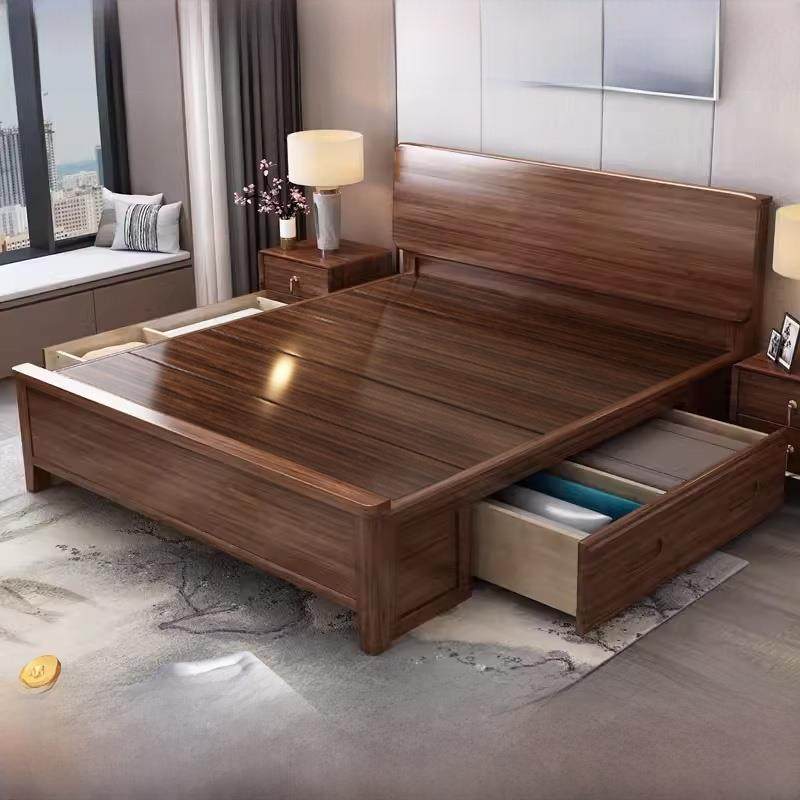 胡桃木全实木床现代简约北欧1.35气压储物单人床1米2带床垫次卧床