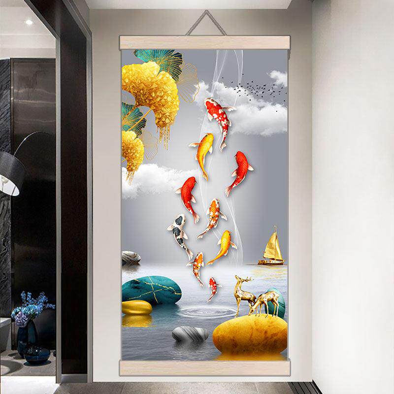 门厅装饰画、九鱼图、客厅壁挂画、聚财好意、新风走廊过道