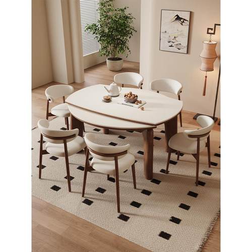 大象腿餐桌黑胡桃色法式中古实木岩板伸缩餐桌可变圆桌折叠小户型