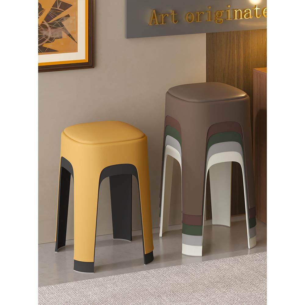 塑料凳子家用加厚可叠放软包方凳结实耐用客厅圆胶凳备用餐桌椅子