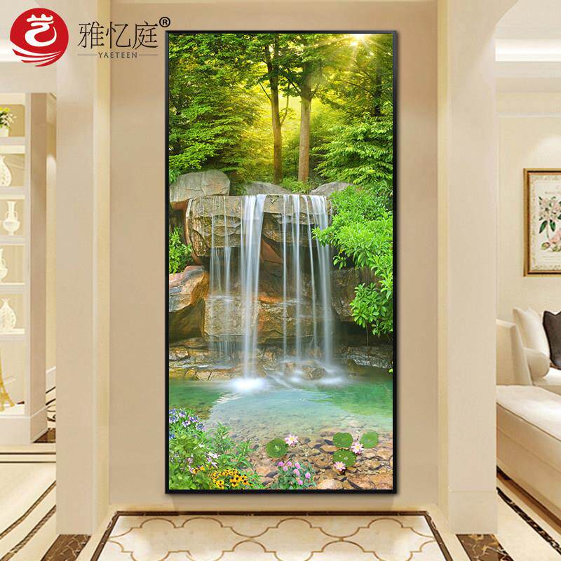 入户玄关装饰画灯画竖版走廊过道挂画流水生财山水风景画靠山壁画
