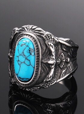 狂饰风复古蓝松石戒指男士钛钢雕花飞鹰椭圆形宝石戒指轻奢手饰品