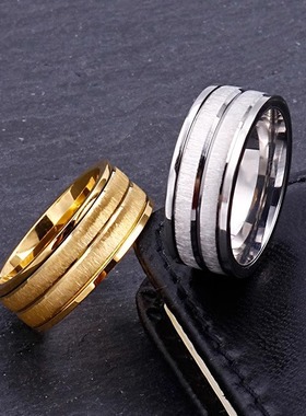 潮男戒指高档双层设计钛钢拉丝网红嘻哈戒环男士个性欧美情侣指环