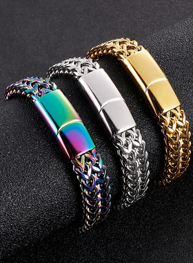 双层古巴手链男款潮牌加宽霸气网格鱼骨银色手镯钛钢不掉色不过敏